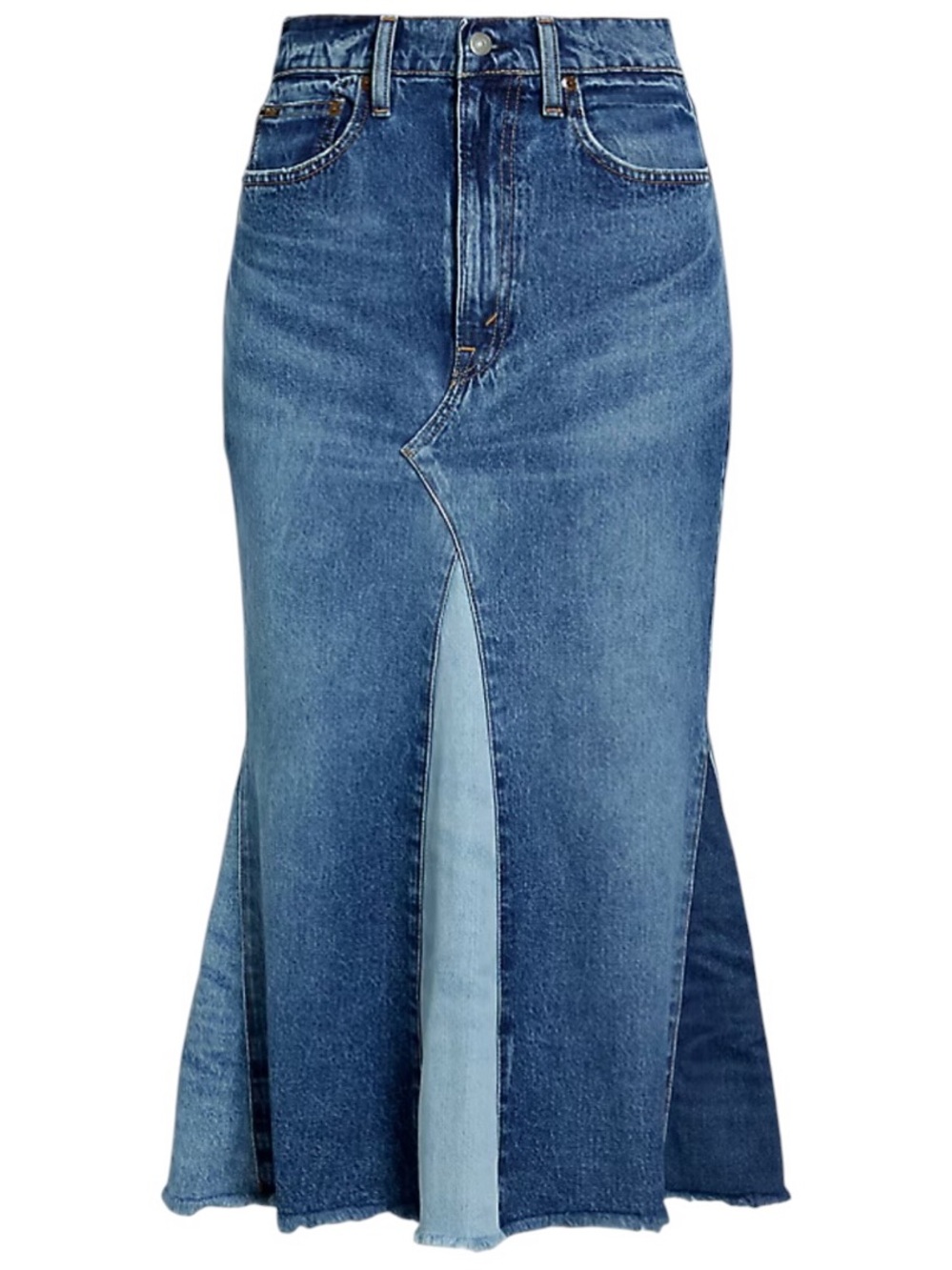 Polo Ralph Lauren Deconstructed Patchwork Denim Skirt Blue Midi 26 NWT